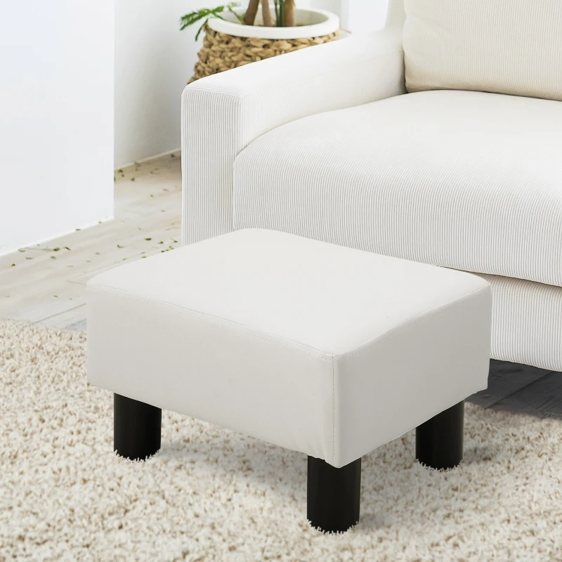 HOMCOM Reposapiés para Sofá Taburete Pequeño Tapizado en Piel Sintética Asiento de Espuma y Patas de Plástico 40x30x24cm Blanco