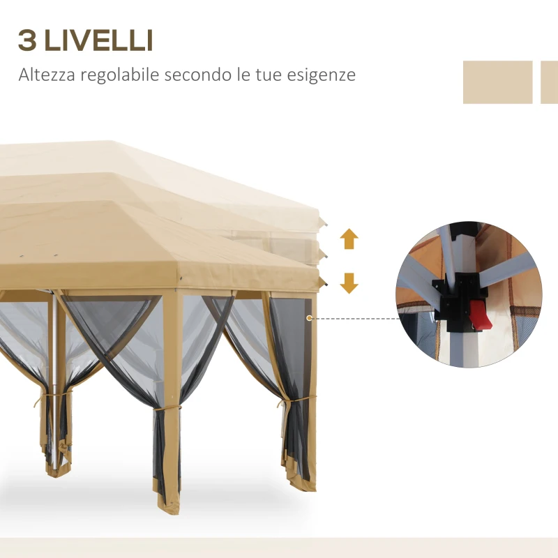 Outsunny Gazebo da Giardino 6x3m Pieghevole con Zanzariera, Altezza Regolabile e Borsa di Trasporto, Beige