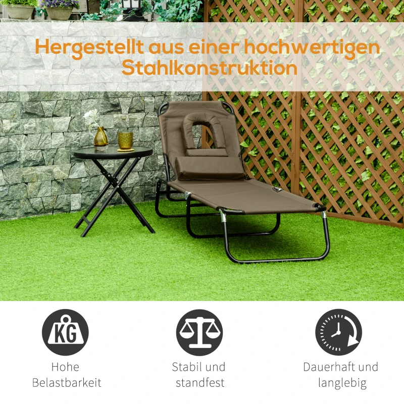 Outsunny Sonnenliege klappbar Gartenliege mit Kopfkissen Liegestuhl mit 4-Fach verstellbare Rückenlehne Campingliege Gesichtsöffnung bis 120kg belastbar für Garten, Balkon und Pool Braun