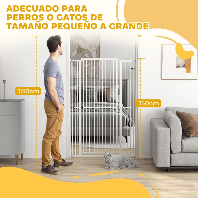 PawHut Barrera para Perros Extra Alta con Ancho Ajustable 77-104 cm Puerta para Perros con Extensiones y Puerta de Paso Blanco
