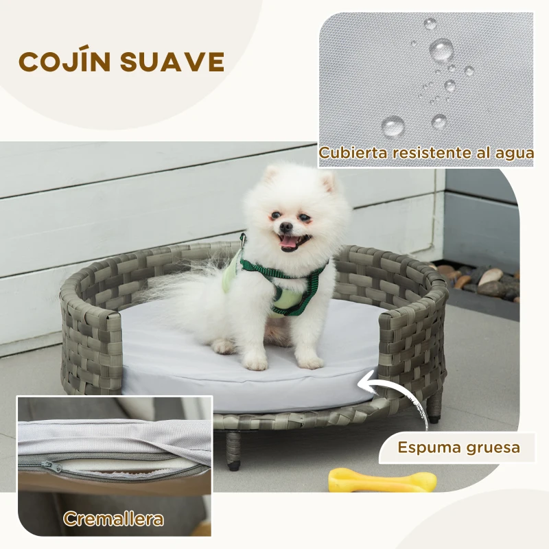 PawHut Sofá para Perros de Ratán Sintético Redonda con Cojín Impermeable y Lavable para Interior y Exterior Ø60x20 cm Gris