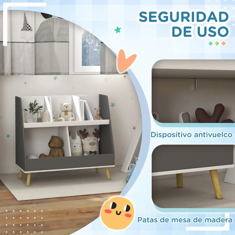 HOMCOM Organizador Infantil con 5 Compartimentos Abiertos en 2 Alturas y Patas de Madera de Pino 80x34x72,5 cm Gris y Blanco