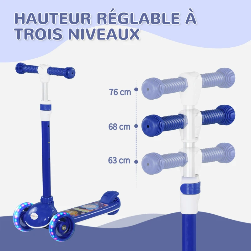 AIYAPLAY Trottinette enfant 3 Roues Lumineuses LED Hauteur Guidon réglable frein à Friction arrière de 2 à 6 ans Bleu