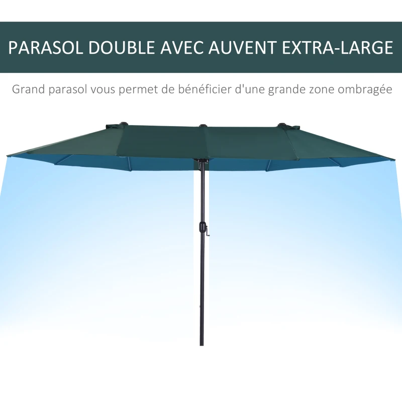 Outsunny Parasol de jardin exterieur parasol double rectangulaire 4,6L x 2,7l x 2,4H m avec ouverture fermeture manivelle, cadre en acier, toile 180 g/m², parasol pour balcon, piscine, vert