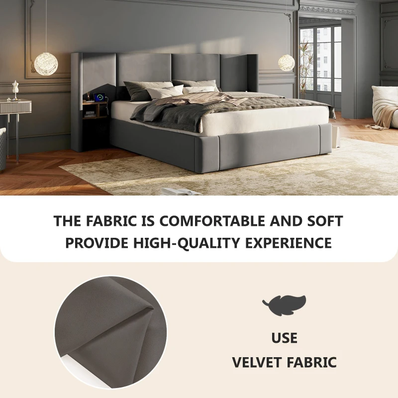 Super King Size Upholstered Bed Frame with Lift-Up Storage, Wide-Ear Design Ottoman Bed with Socket, 2 Bedside Tables, 180x200 cm, Grey