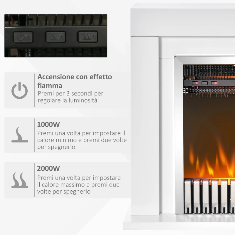 HOMCOM Camino Elettrico da Terra con Effetto Fiamma Realistico, Timer e Telecomando, 1000W e 2000W, 79x26x77.5cm, Bianco e Nero