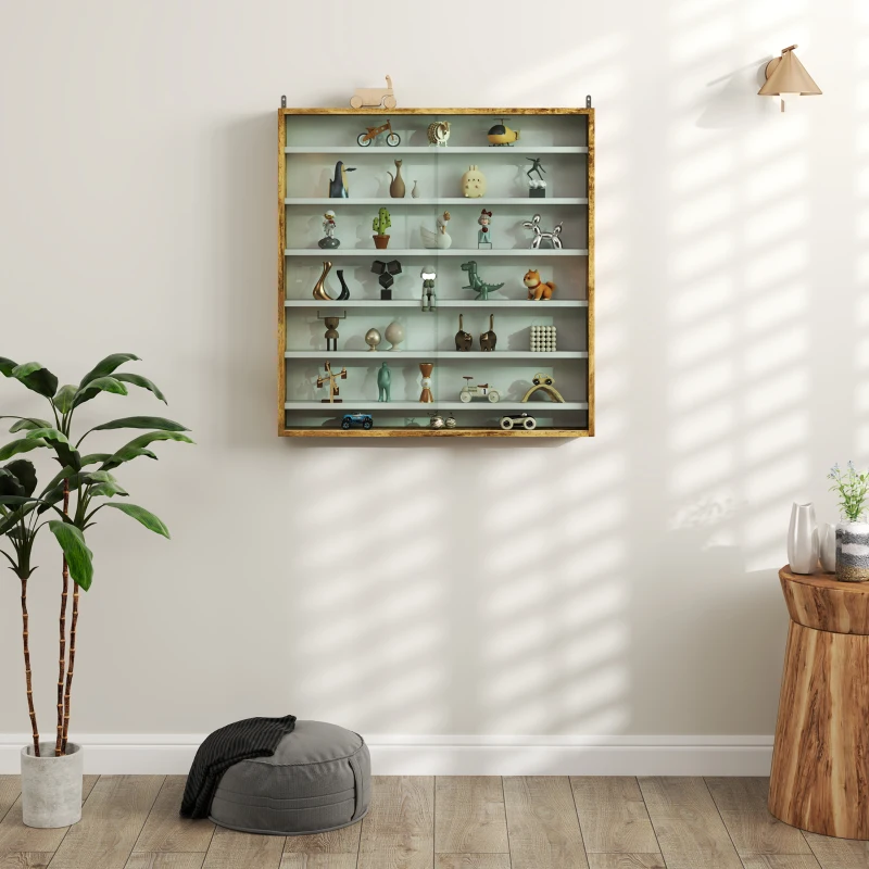 HOMCOM Six Shelf Display Cabinet, with Glass Doors - Brown