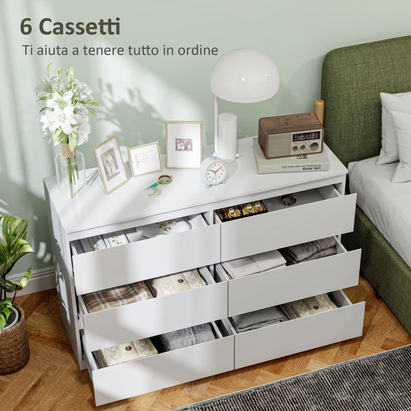 HOMCOM Cassettiera 6 Cassetti per Camera da Letto in Legno con Guide in Metallo, 120x39x75 cm, Bianco