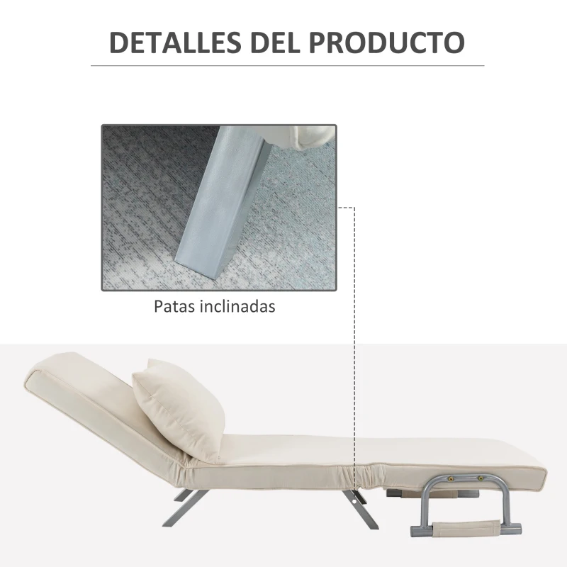 HOMCOM Sofá Cama Individual Sillón Cama Individual Sillón Reclinable con Almohada para Salón Dormitorio 65x69x80 cm Crema