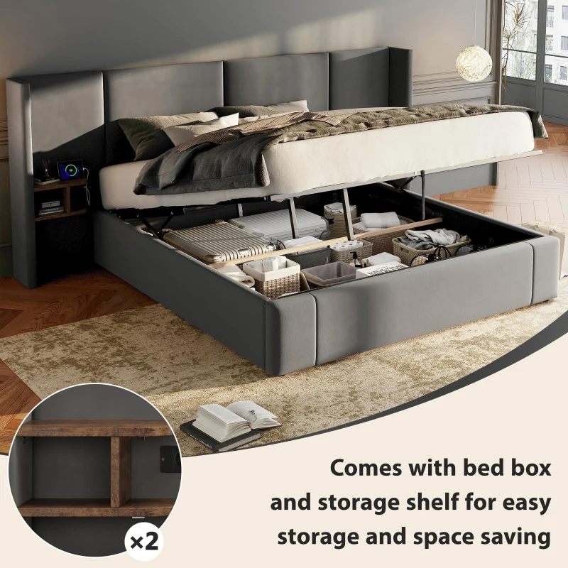 Super King Size Upholstered Bed Frame with Lift-Up Storage, Wide-Ear Design Ottoman Bed with Socket, 2 Bedside Tables, 180x200 cm, Grey