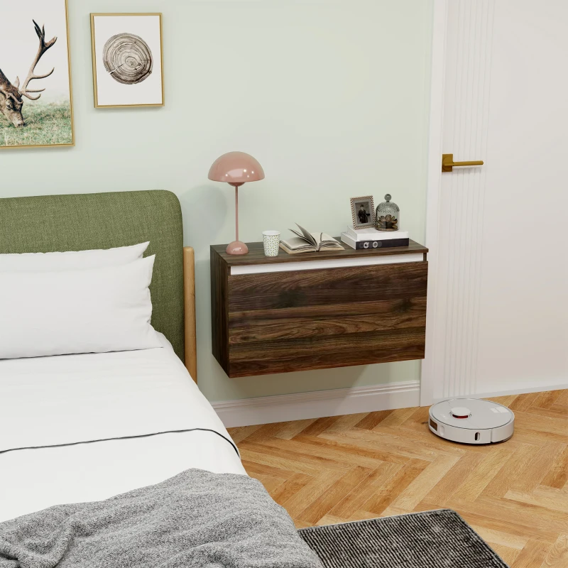 HOMCOM Comodino Sospeso con Cassetto Senza Maniglie e con Fissaggio a Parete, 80x30x45cm, Noce