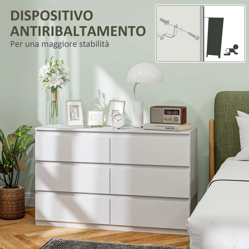 HOMCOM Cassettiera 6 Cassetti per Camera da Letto in Legno con Guide in Metallo, 120x39x75 cm, Bianco