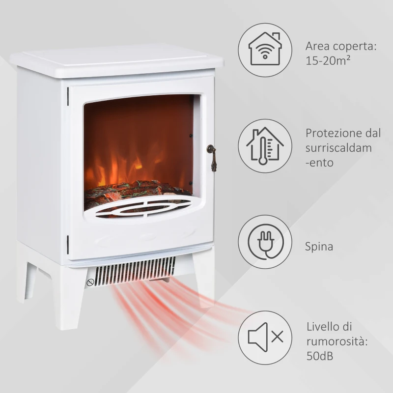 HOMCOM Camino Elettrico da Terra con Effetto Fiamma, Temperatura Regolabile 900W-1800W, Copertura 15-20m², 39x26x54.8cm, Bianco