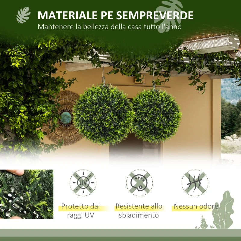 HOMCOM Set di 2 Piante Artificiali a Sfera con Foglie di Cedro per Casa e Giardino Ø45 cm, Verde