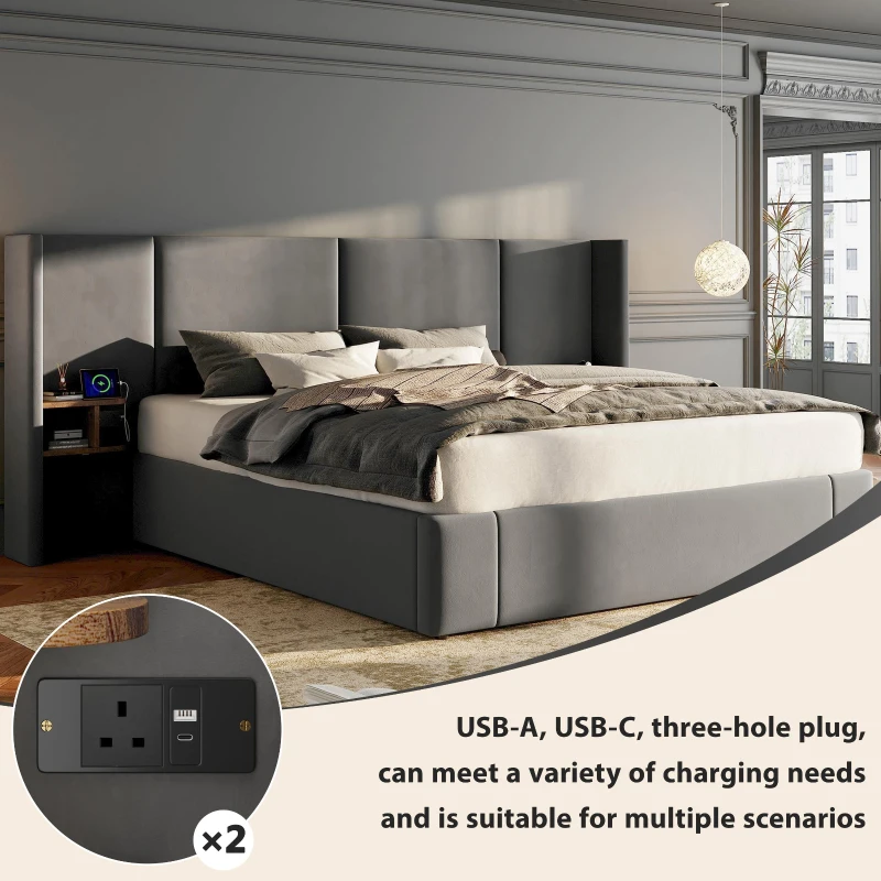 Super King Size Upholstered Bed Frame with Lift-Up Storage, Wide-Ear Design Ottoman Bed with Socket, 2 Bedside Tables, 180x200 cm, Grey