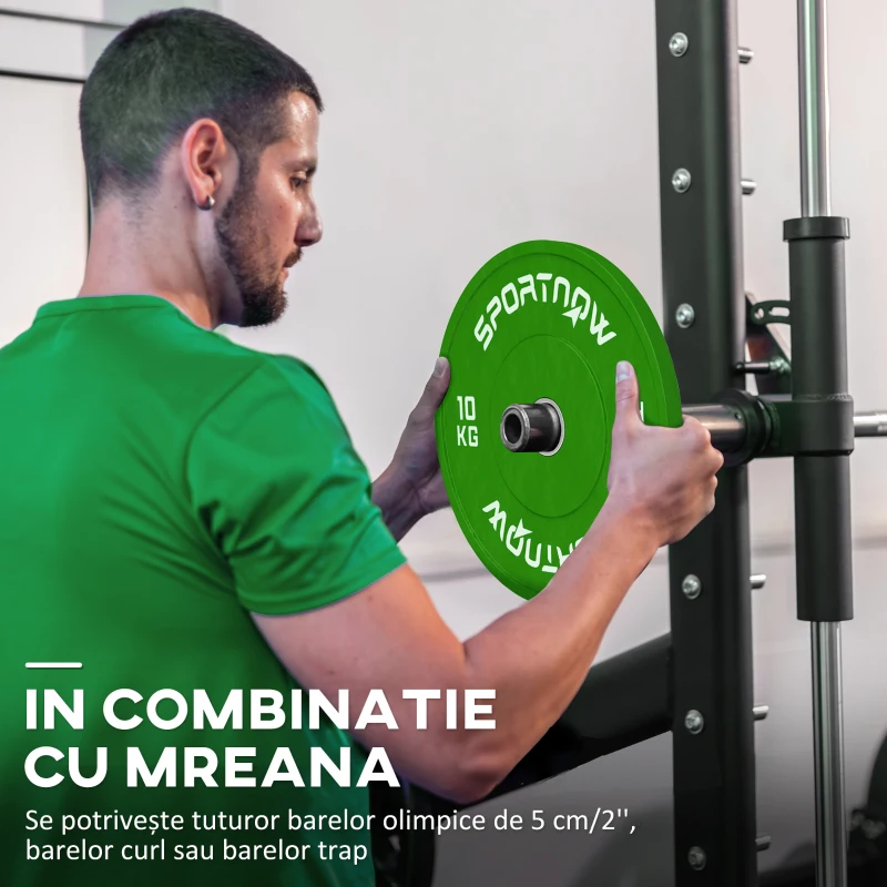 SPORTNOW Set de 2 Discuri Greutăți 2x10 kg din Cauciuc, cu Gaură de 5 cm pentru Gantere și Grijuri, Ø45x4 cm, Verde