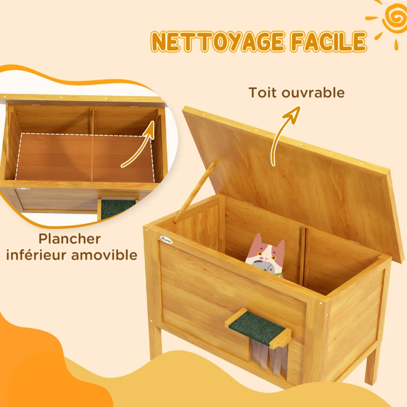 PawHut Maison pour chats niche d'extérieur en bois surrélevée avec toit ouvrable isolée  85 x 50 x 68,5 cm naturel vert