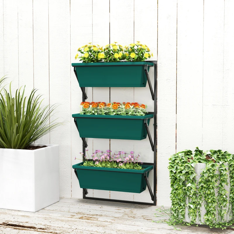 Outsunny Fioriera da Esterno Verticale e 3 Vasi per Piante in Plastica con Fori di Drenaggio, 56x42x100 cm, Verde