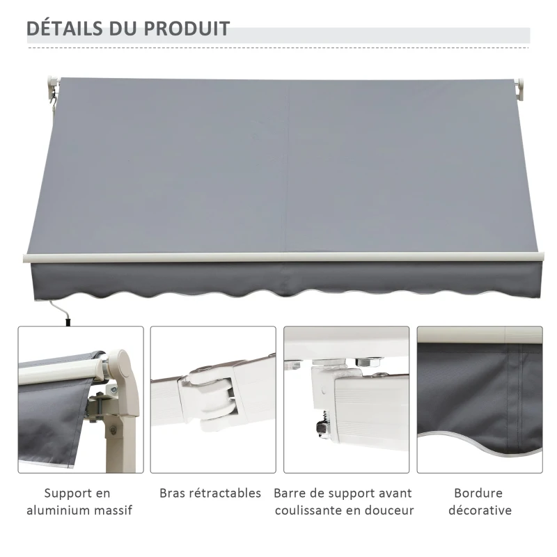 Outsunny Store banne manuel rétractable 295 x 245 cm store exterieur terrasse avec manivelle, angle réglable 45°-85°, aluminium et polyester 280 g/m², auvent de terrasse, balcon, cour, gris