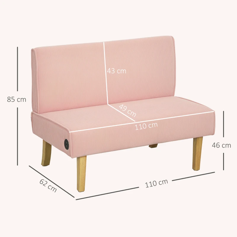 HOMCOM Sofá de 2 Plazas Tapizado en Pana con 2 Puertos USB 1 Puerto Tipo-C y Patas de Madera Carga 240 kg 110x60x85 cm Rosa