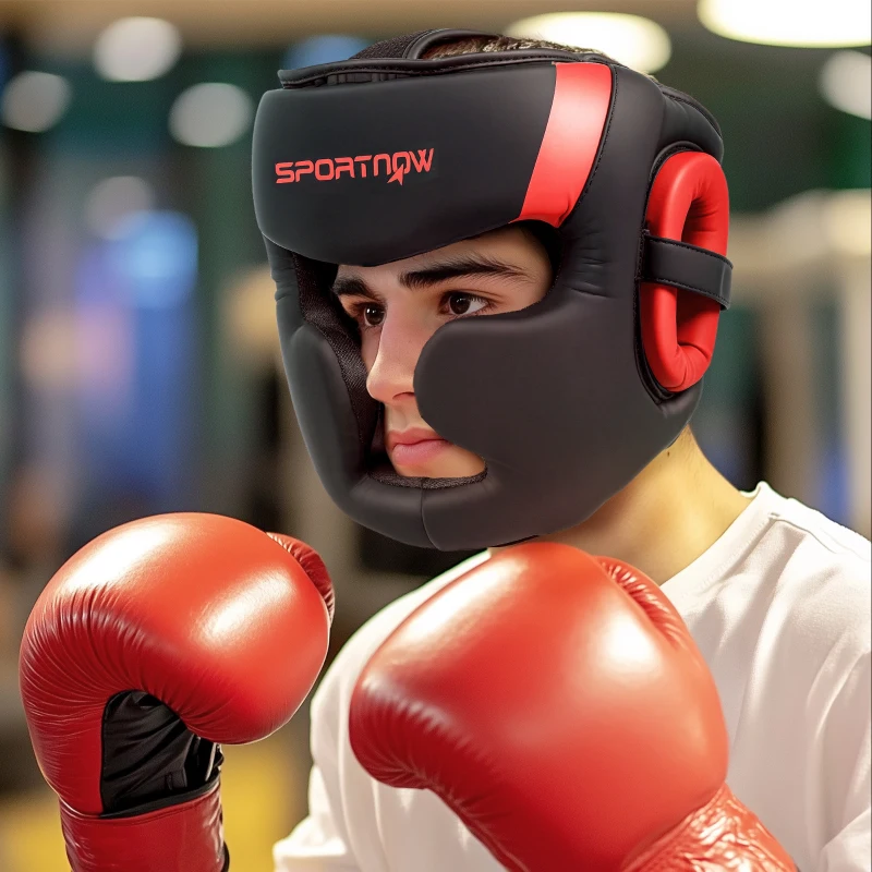 SPORTNOW Casco de Boxeo Helmet MMA con Correa Ajustable para Grappling Sparring Artes Marciales Kickboxing Karate Rojo y Negro