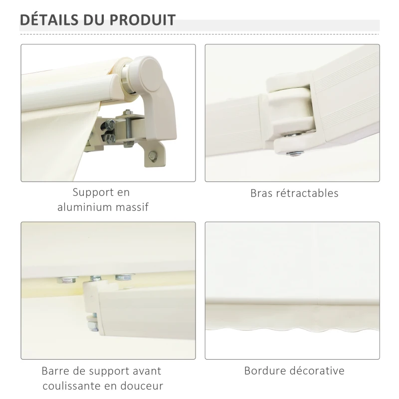 Outsunny Store banne manuel rétractable 295 x 245 cm store exterieur terrasse avec manivelle, angle réglable 45°-85°, aluminium et polyester 280 g/m², auvent de terrasse, balcon, cour, crème