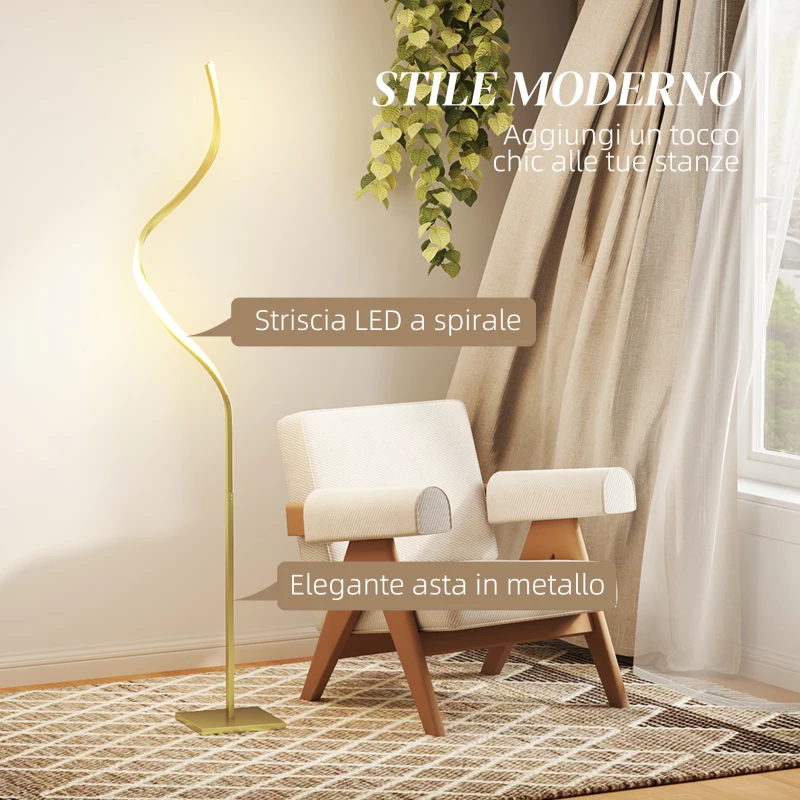 HOMCOM Lampada da Terra LED a Spirale con 3 Luminosità Regolabili e Interruttore a Pedale, Oro