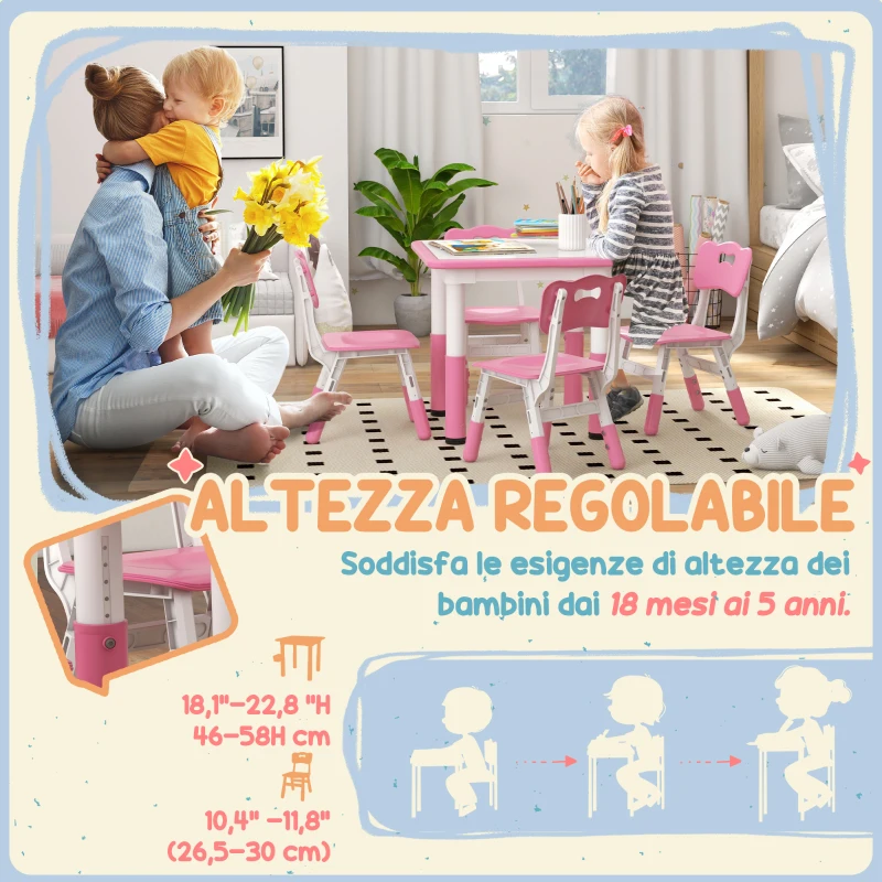 AIYAPLAY Set Tavolo e Sedie per Bambini 5pz con 4 Sedie Regolabili 32x36x52.5-56 cm e Tavolo 60x60x46-58 cm, Rosa