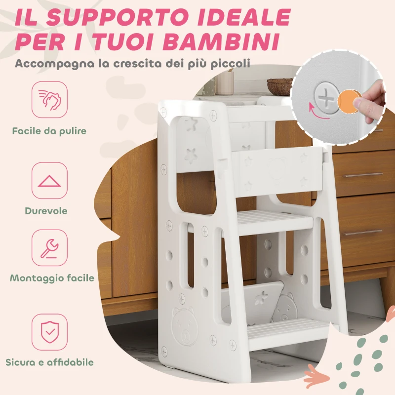 HOMCOM Scaletta per Bambini Torre Montessoriana Altezza Regolabile 3 Livelli, HDPE Inodore, 47x47x90cm, Bianco