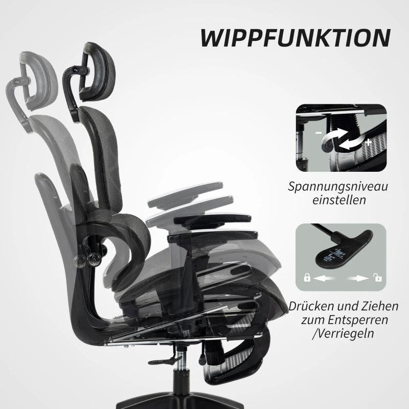 HOMCOM Bureaustoel, Ergonomische Bureaustoel met Mesh Bekleding, Verstelbaar, Rolbaar, met Armleuningen, Hoofdsteun, Zwart