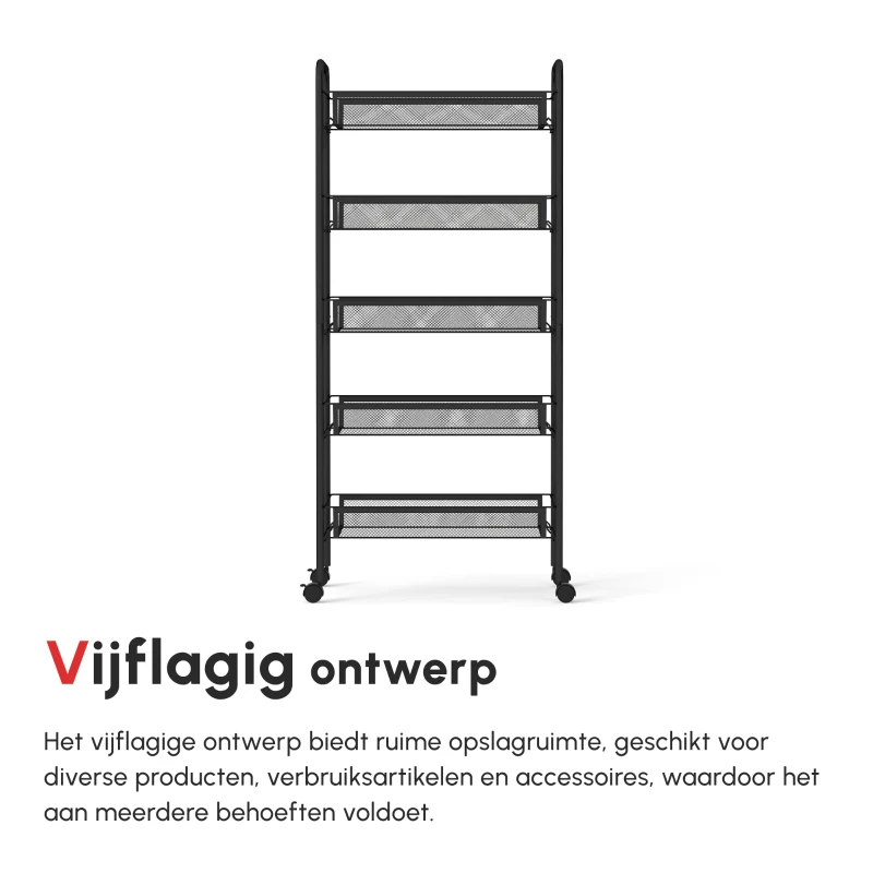 HOMCOM Keukenwagen met 5 Draadmanden, 4 Haken, 4 Wielen, 2 Handvaten, Staal/Kunststof, 45x26,5x106 cm, Zwart