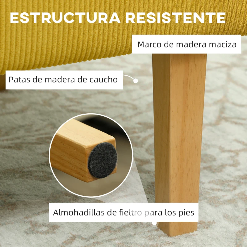 HOMCOM Sofá de 2 Plazas Tapizado en Pana con 2 Puertos USB 1 Puerto Tipo-C y Patas de Madera Carga 240 kg 110x60x85 cm Amarillo