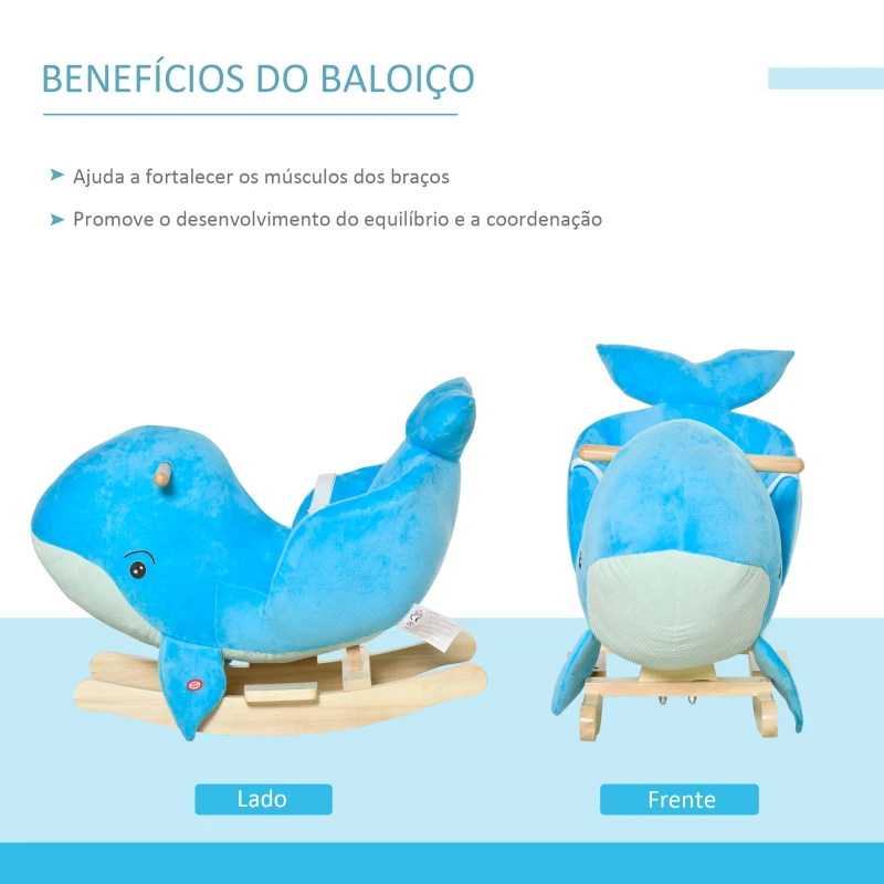 HOMCOM Baloiço com Forma de Baleia para Crianças de 18-36 Meses Baloiço de Pelúcia com Sons Cinto de Segurança e Apoio para os Pés 60x33x50 cm Azul