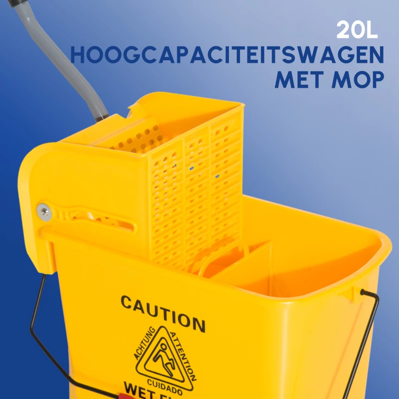 HOMCOM Schoonmaakwagen, verrijdbare emmer, schoonmaakemmer, 20 liter dweilwagen met pers, 2 bakken, geel