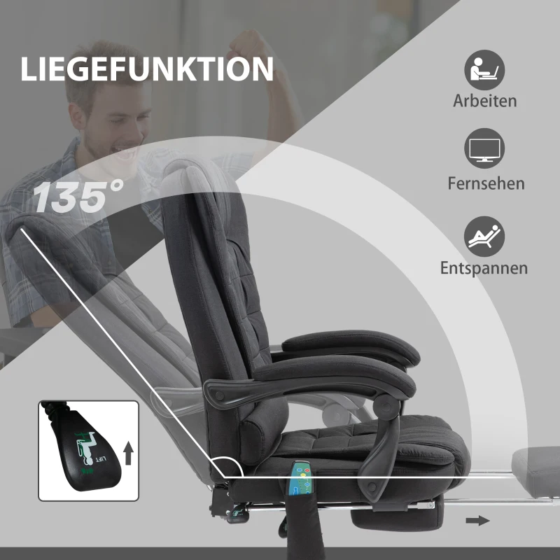 Vinsetto Bürostuhl mit Massagefunktion, Ergonomischer Schreibtischstuhl mit Liege- & Wärmefunktion, höhenverstellbar, Schwarz(m-5)