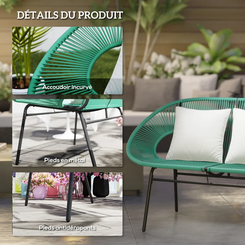Outsunny Banquette banc de jardin 2 places en acier et cordage en résine avec 2 coussins - dim. 132L x 72l x 83H cm - vert foncé