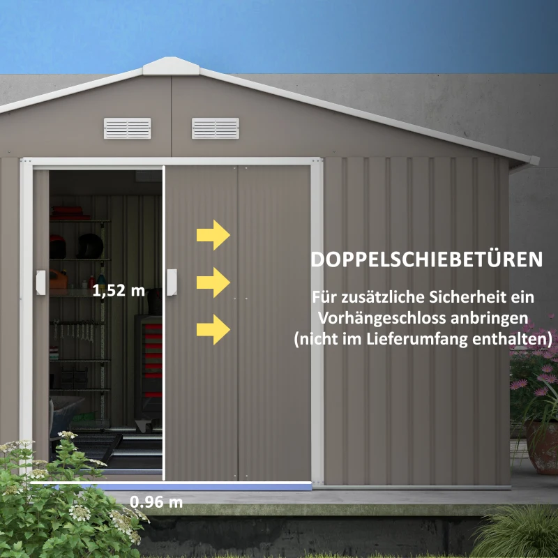 Outsunny Geräteschuppen, Wetterfestes Gartenhaus für Gartengeräte, mit Belüftungsfenstern, Schiebetüren, Stahl, Hellgrau(m-5)