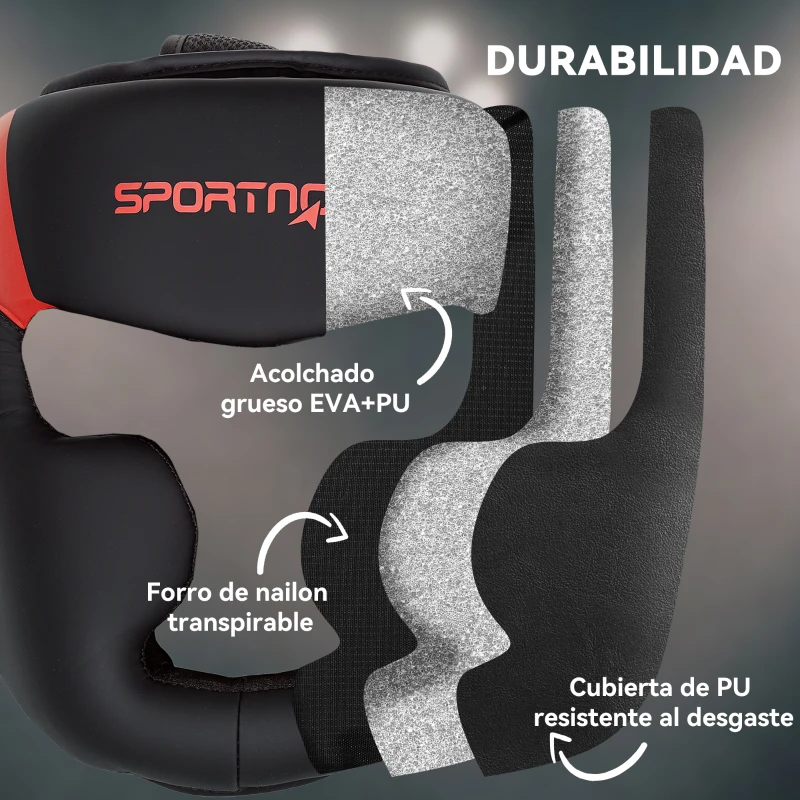 SPORTNOW Casco de Boxeo Helmet MMA con Correa Ajustable para Grappling Sparring Artes Marciales Kickboxing Karate Rojo y Negro
