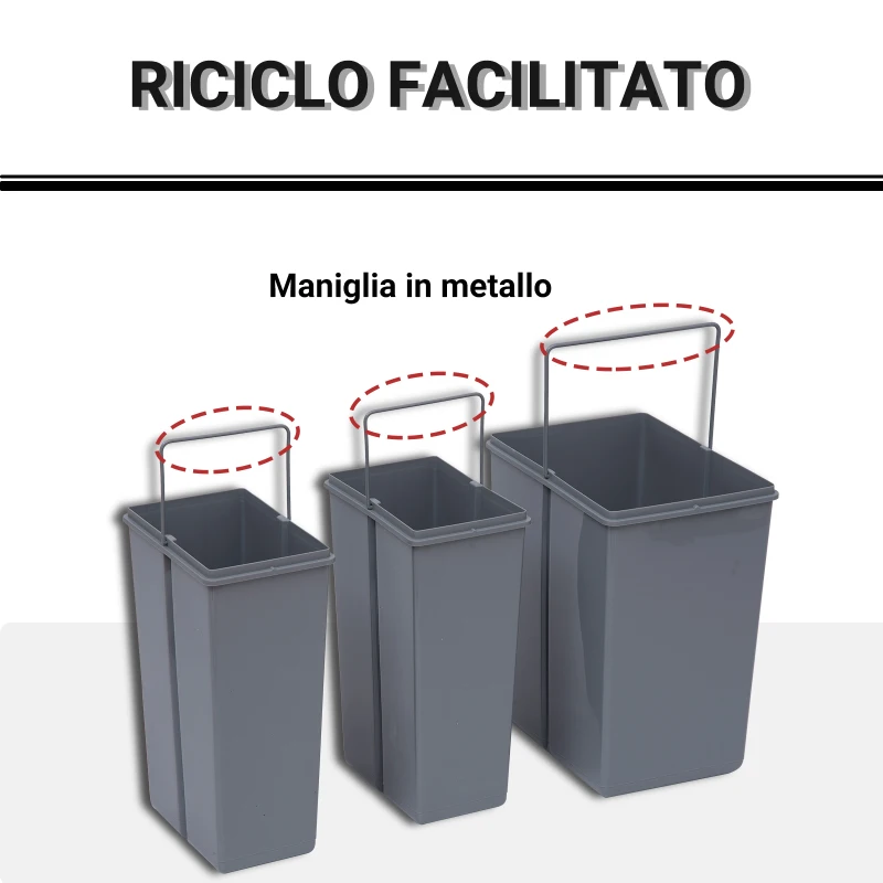 HOMCOM Pattumiera Estraibile da 40L con 3 Contenitori per Raccolta Differenziata, 48x34.2x41.8 cm, Grigio
