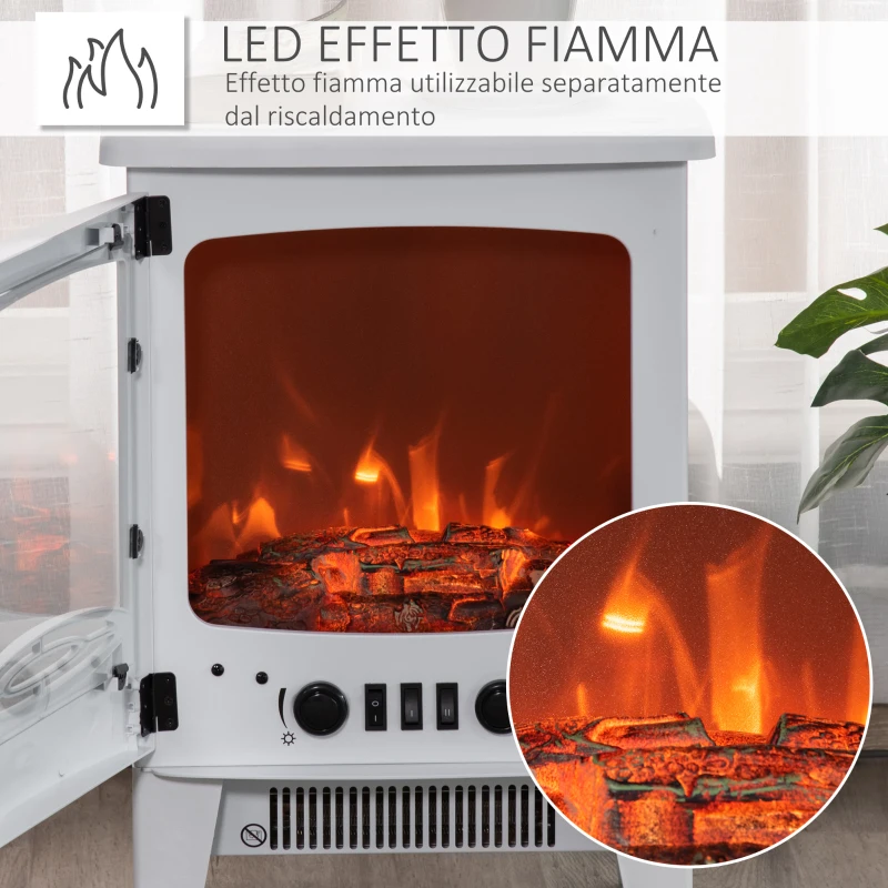 HOMCOM Camino Elettrico da Terra con Effetto Fiamma, Temperatura Regolabile 900W-1800W, Copertura 15-20m², 39x26x54.8cm, Bianco