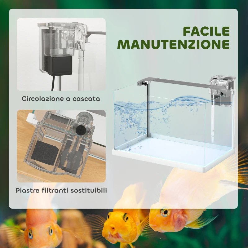 PawHut Acquario in Vetro con Luci LED da 20L, Filtro e Pompa d'Acqua, 38x26x27 cm, Bianco