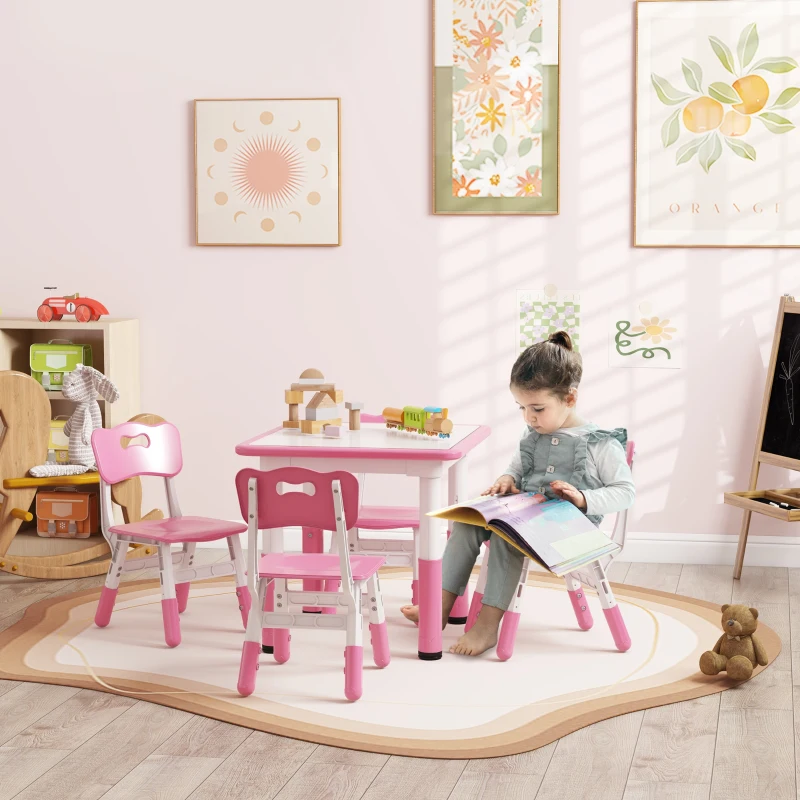 AIYAPLAY Set Tavolo e Sedie per Bambini 5pz con 4 Sedie Regolabili 32x36x52.5-56 cm e Tavolo 60x60x46-58 cm, Rosa