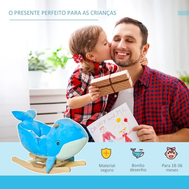 HOMCOM Baloiço com Forma de Baleia para Crianças de 18-36 Meses Baloiço de Pelúcia com Sons Cinto de Segurança e Apoio para os Pés 60x33x50 cm Azul