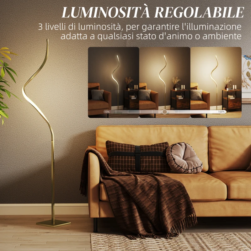 HOMCOM Lampada da Terra LED a Spirale con 3 Luminosità Regolabili e Interruttore a Pedale, Oro