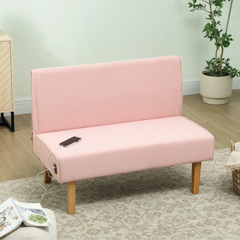 HOMCOM Sofá de 2 Plazas Tapizado en Pana con 2 Puertos USB 1 Puerto Tipo-C y Patas de Madera Carga 240 kg 110x60x85 cm Rosa