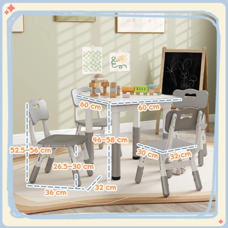 AIYAPLAY Set Tavolo e Sedie per Bambini 5pz con 4 Sedie Regolabili 32x36x52.5-56 cm e Tavolo 60x60x46-58 cm, Grigio