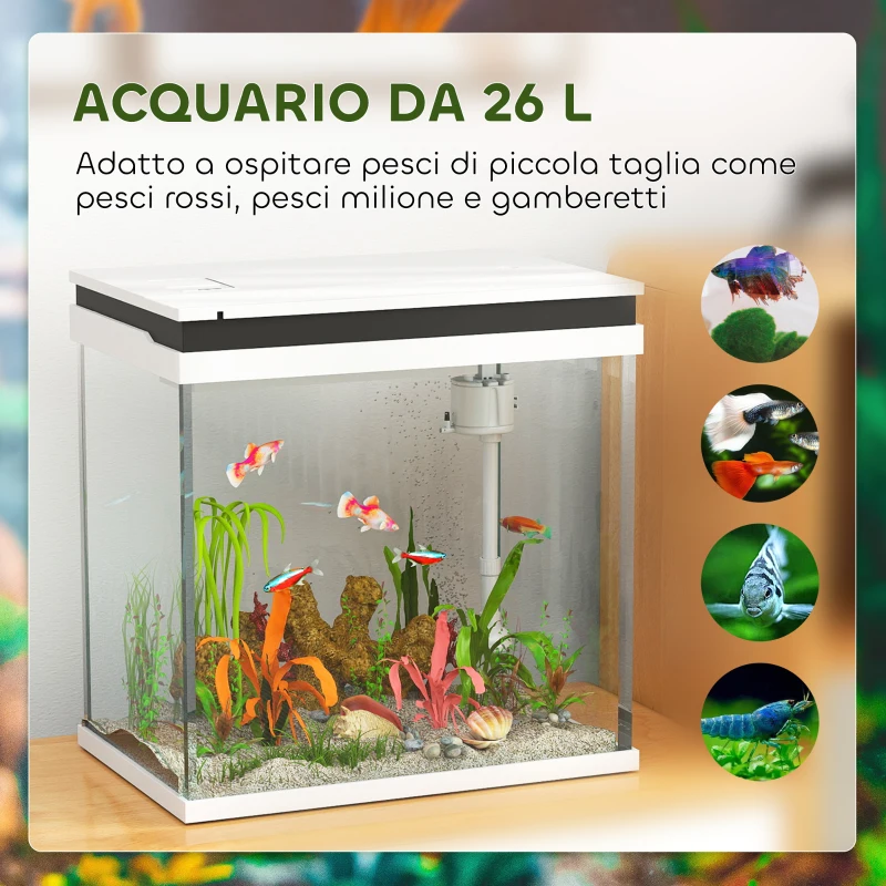 PawHut Acquario per Pesci Rossi 26L con Luci LED, Sistema di Filtraggio e Pompa d'Acqua, 38x26x38 cm, Bianco