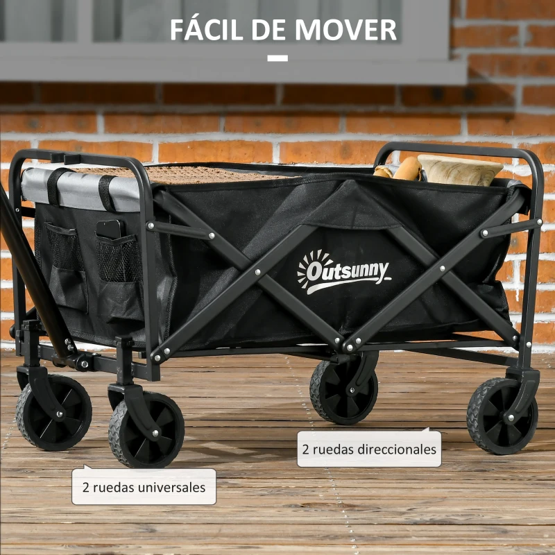 Outsunny Carro de Jardín Plegable con 4 Ruedas Longitud y Ángulo del Mango Ajustables Capacidad 70 L 77x50x63-93 cm Negro