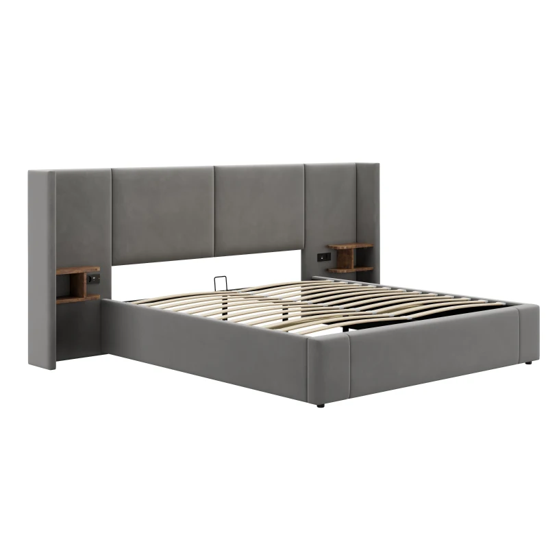 Velvet Ottoman King Size Bed Frame with Hydraulic Lift and USB Sockets, Includes 2 Bedside Tables, 150x200 cm, Grey