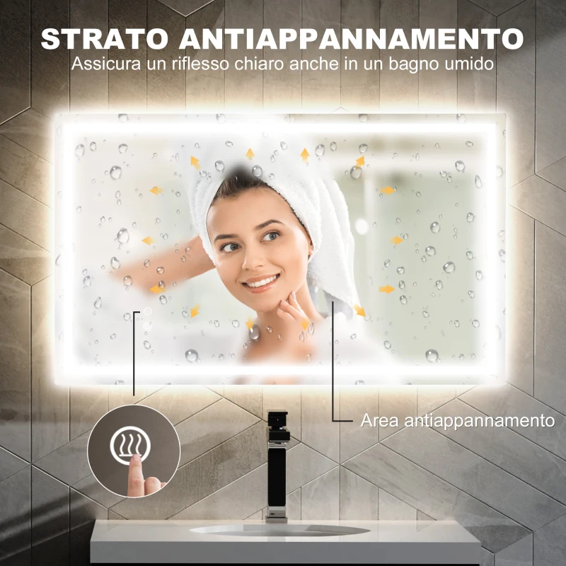 HOMCOM Specchio per Bagno con Luci LED Regolabili a 3 Colori e Strato Antiurto, in Vetro e Metallo, 100x3x60 cm